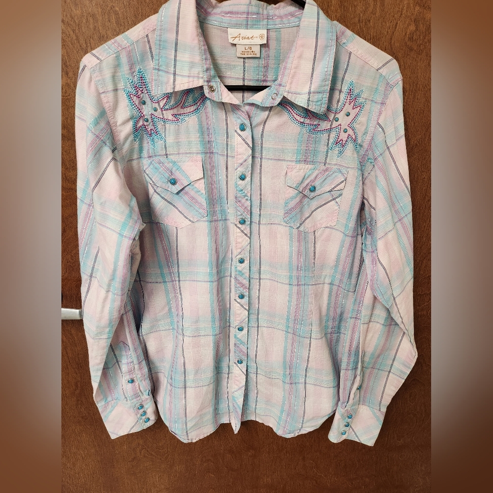 Ariat Light Blue and Pink Plaid Shirt